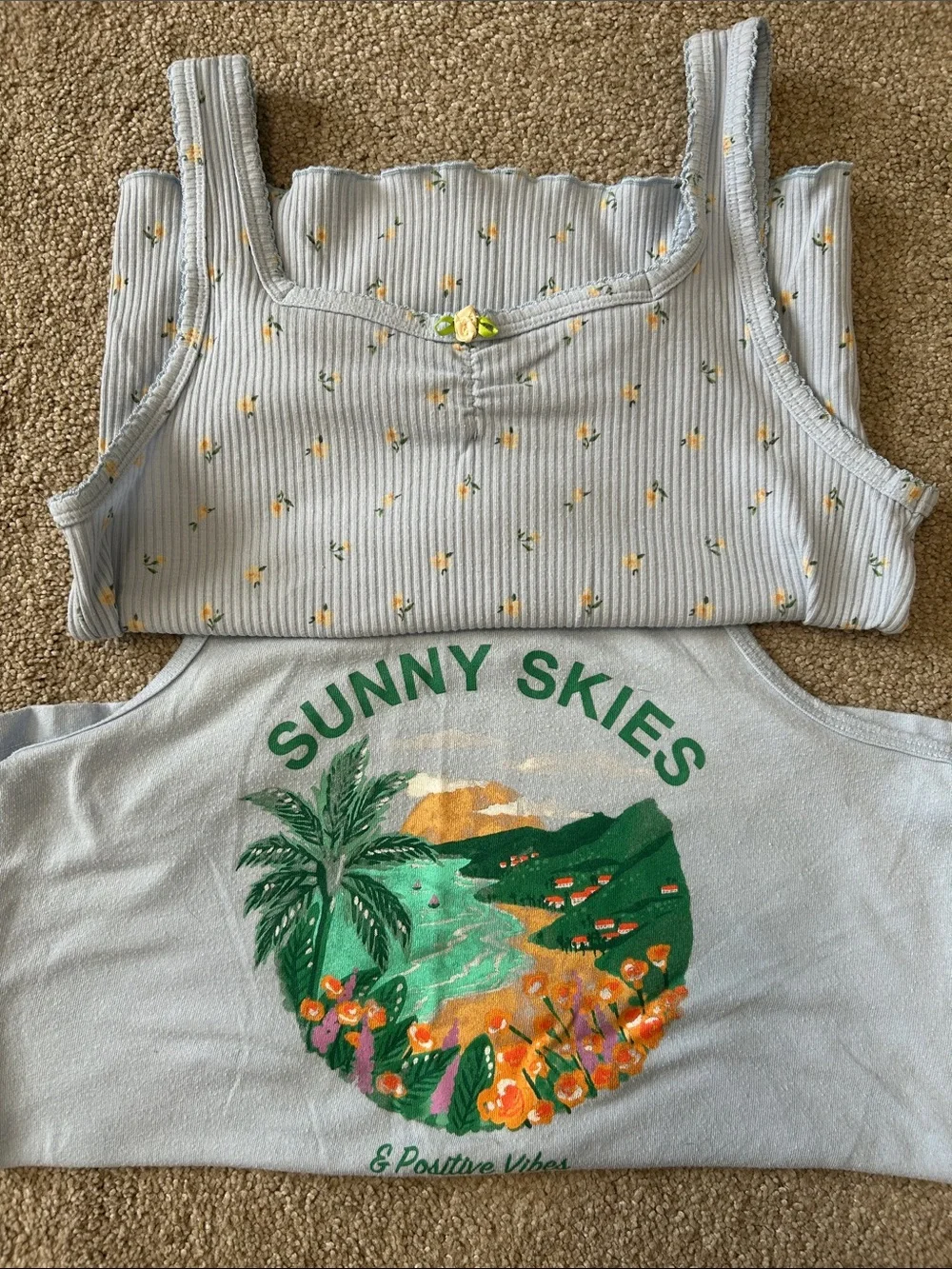 Old Navy Light Blue Graphic & Floral Ribbed Tank Set